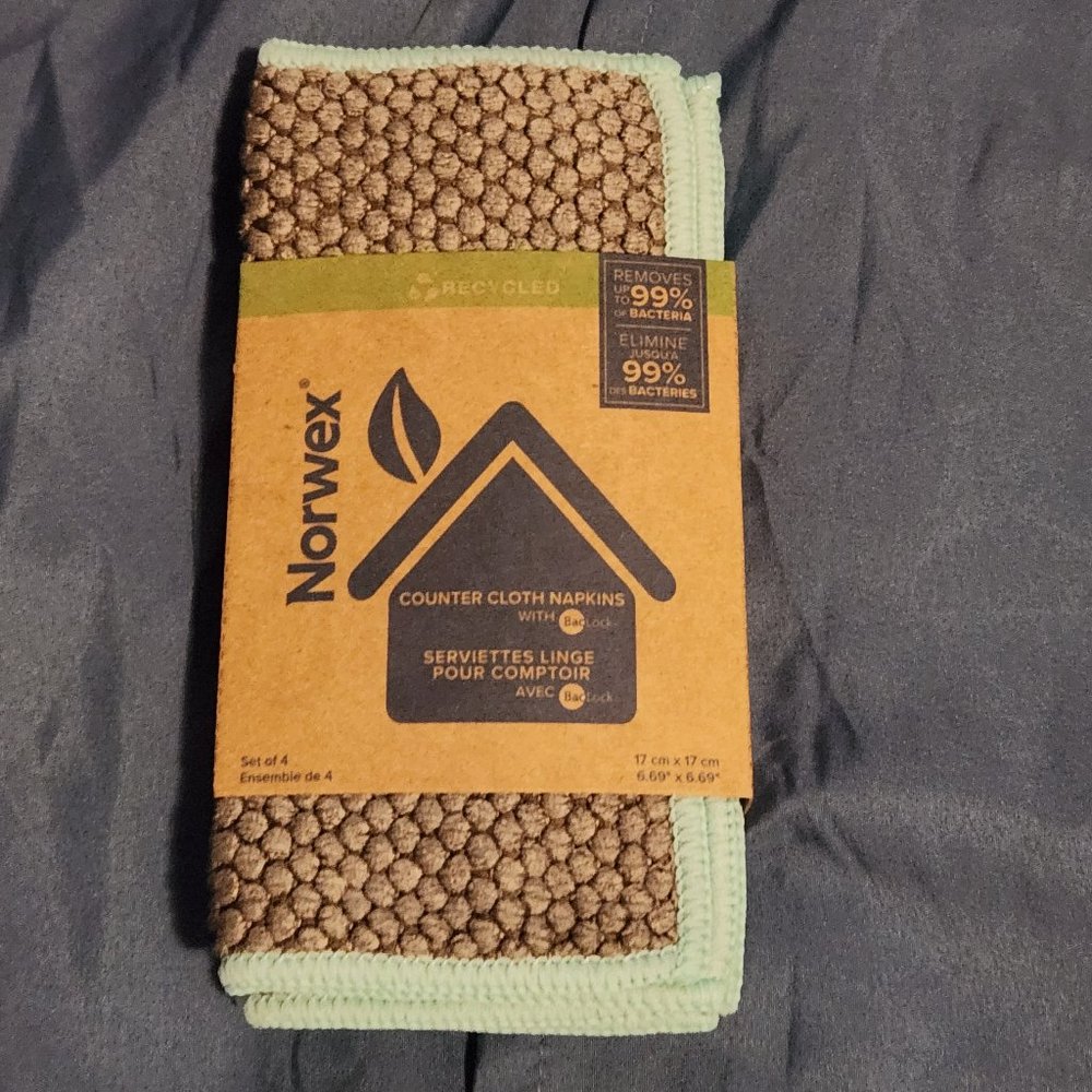 Norwex Counter Cloth Napkins, Mushroom with Sea Mist Trim, Set of 4